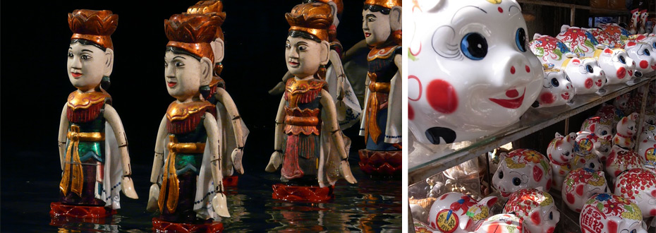 Théâtre de marionnettes sur eau et les cochon chance de Hanoï.